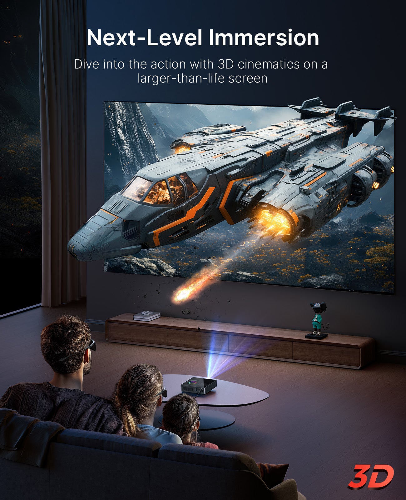 Family watching 3D movie with Nova Mini