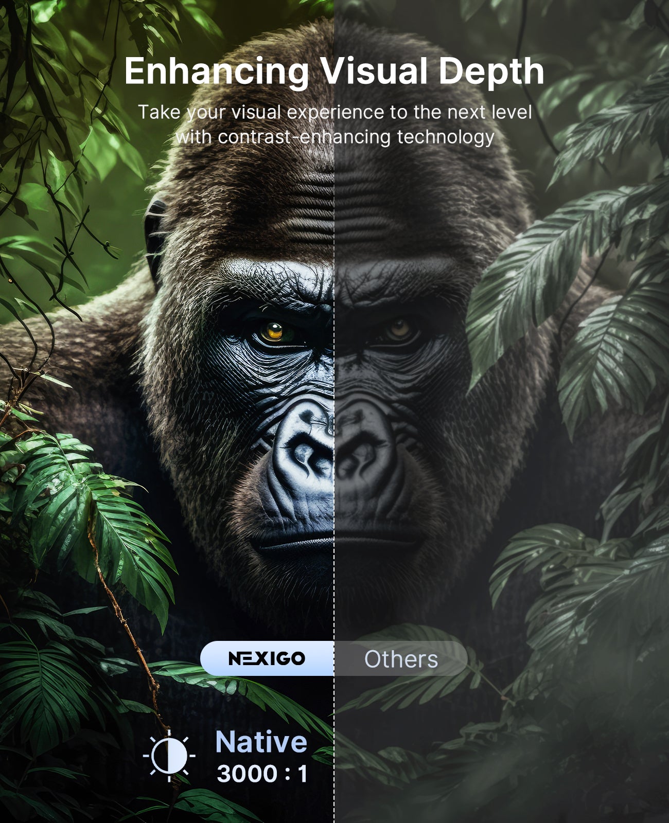 A color contrast image of a gorilla, split left and right.