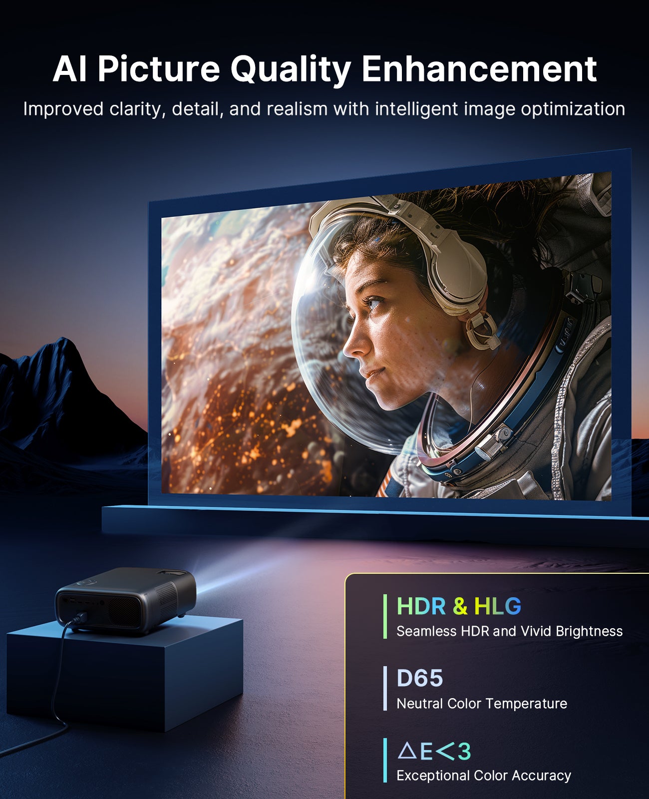 The PJ40 Pro is placed on the table, projecting a high-quality image.