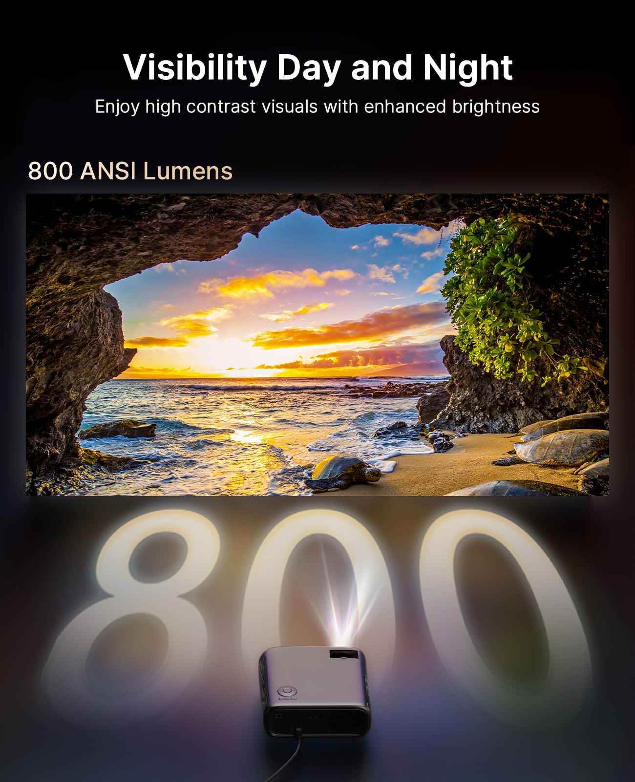 The projector with 800 ANSI lumens is projecting a landscape video.
