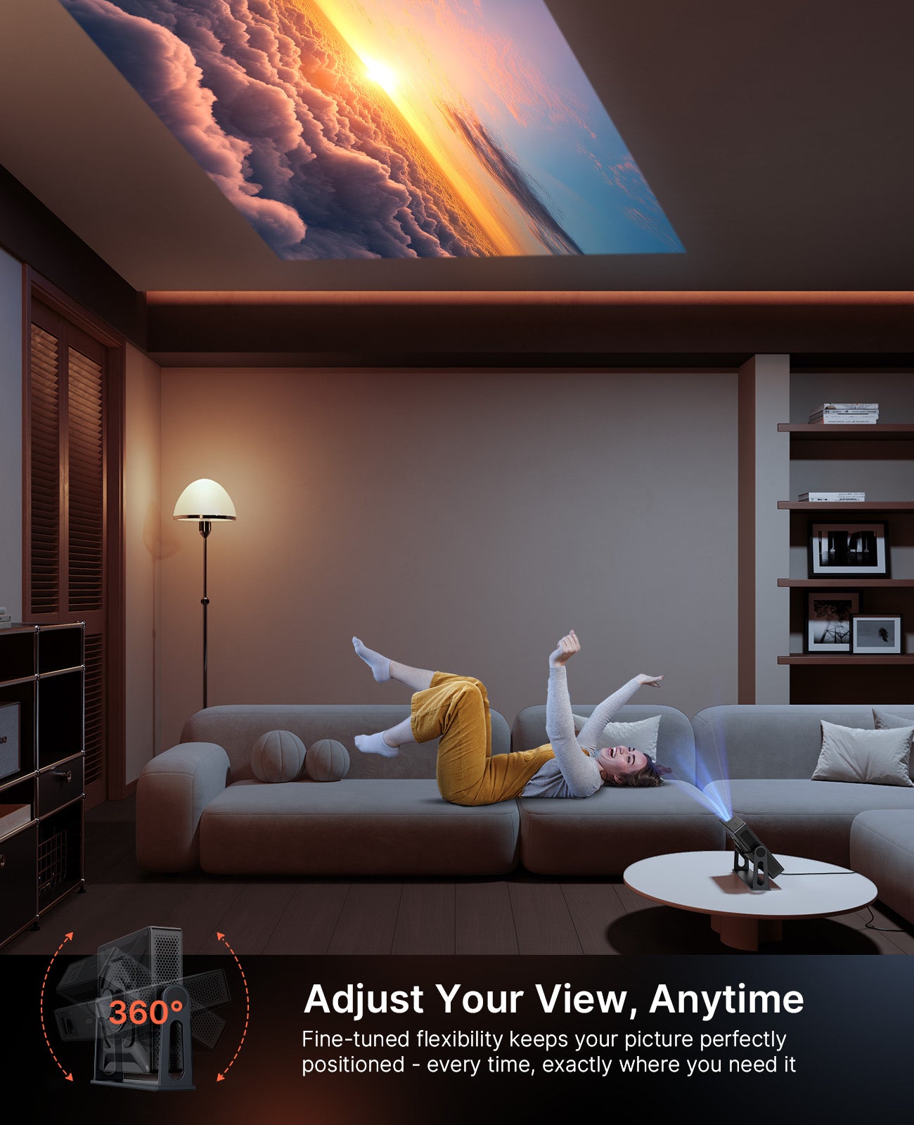 A person is lying on the sofa watching the projected image from a projector