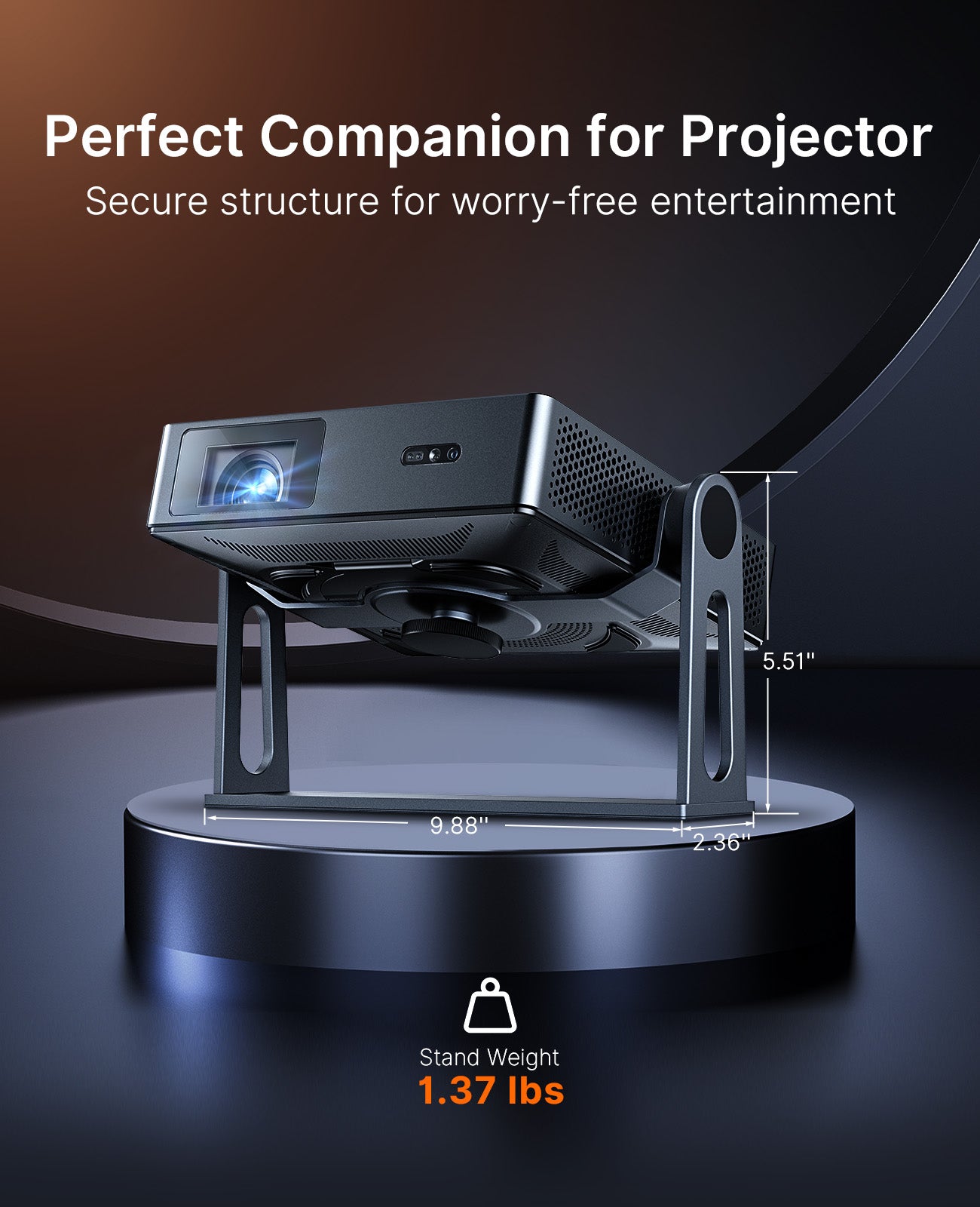 The stand with the PJ08 mounted, showing dimensions on the tabletop.