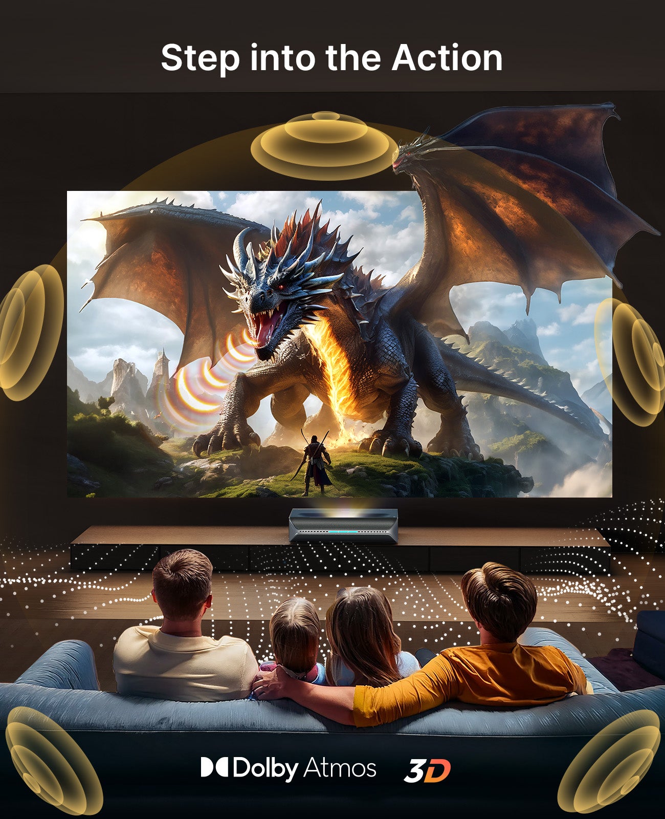 Family of four using MKII in living room for 3D movie, Pteranodon dynamic with Dolby Atmos and 3D.