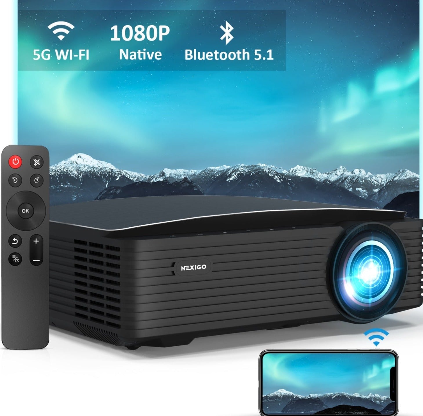 NexiGo home projector features a 1920 x 1080 native resolution. Comes with a remote control.