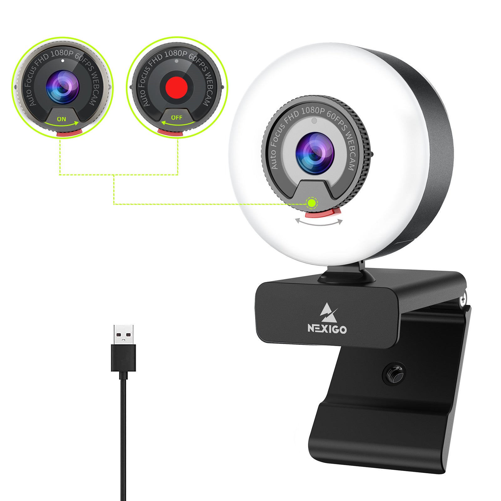 N960E webcam with light adjustment and built-in privacy cover.