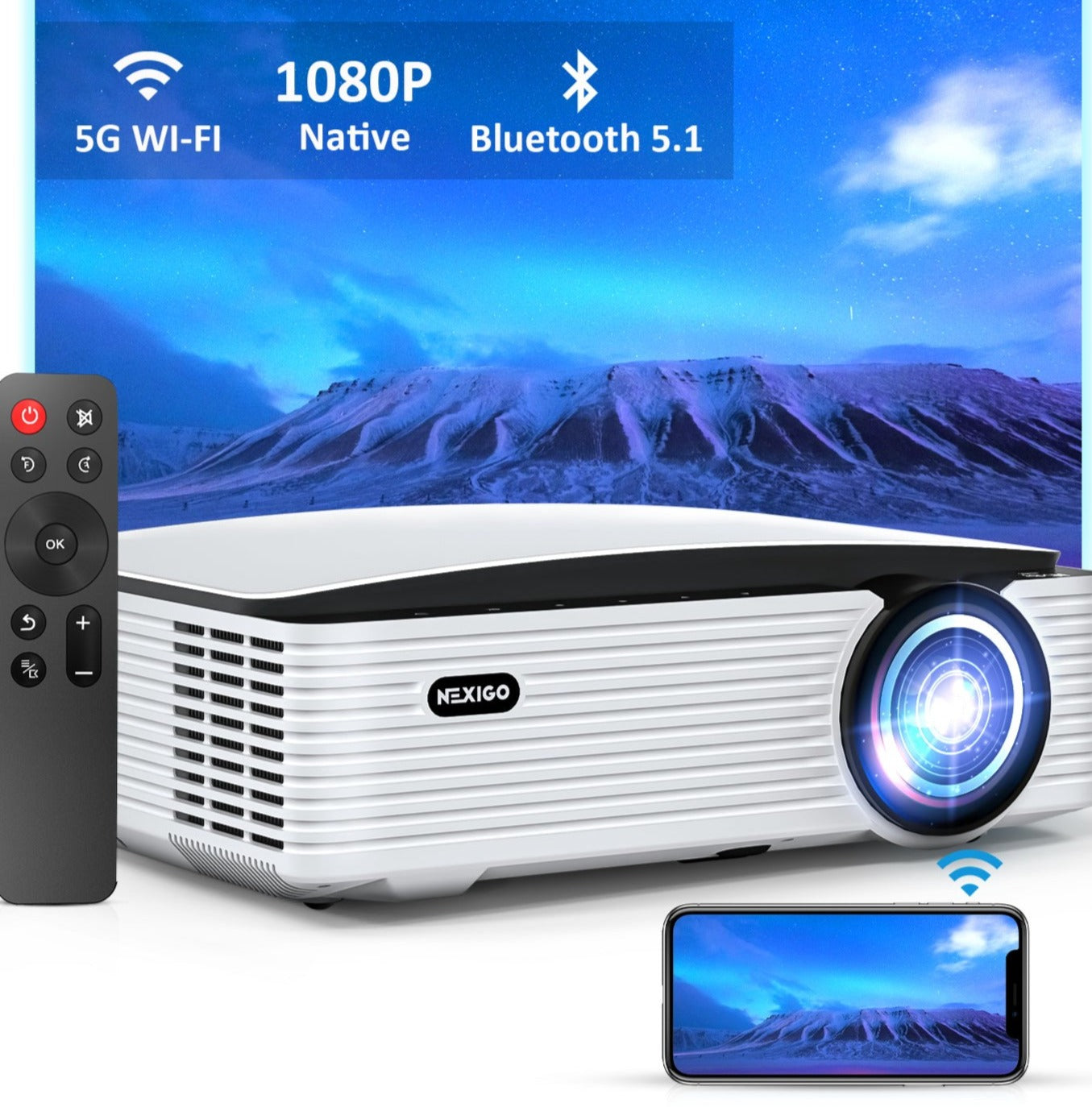 A 1080P projector with remote control and support for mobile screen casting.