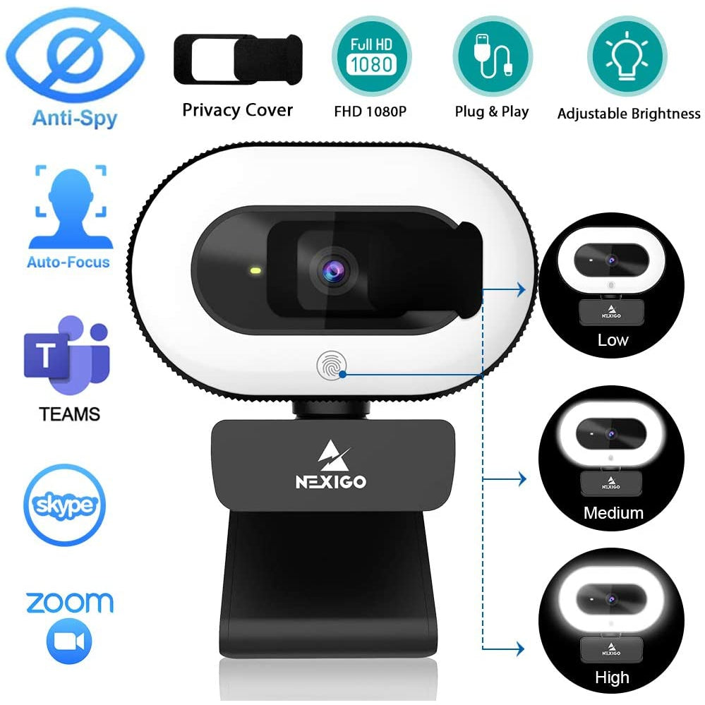 List the webcam function and accessories, such as autofocus, privacy cover, and 3-level brightness