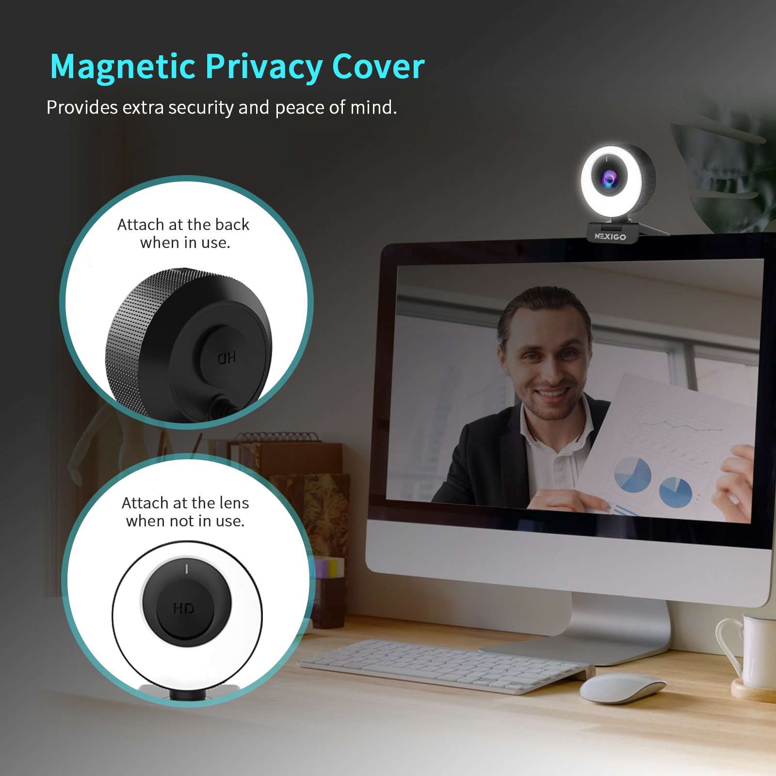 Attach magnetic privacy cover to lens when webcam not in use.