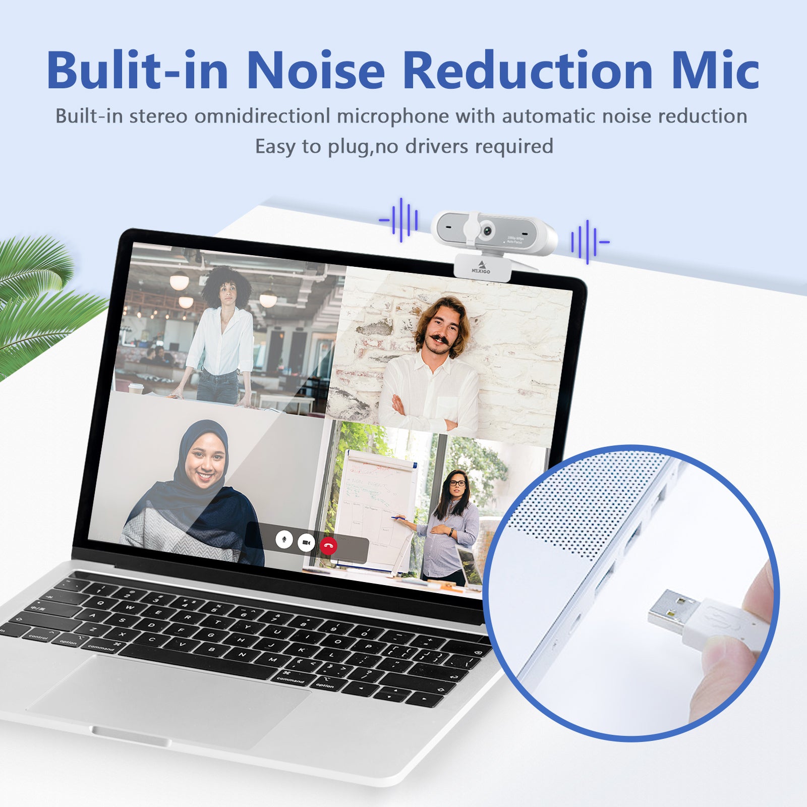 Dual-mic webcam with auto noise reduction, plug-and-play, no drivers needed.