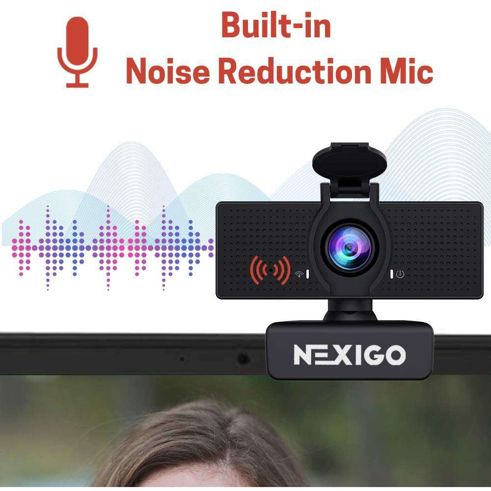 The webcam features a built-in noise-canceling microphone.