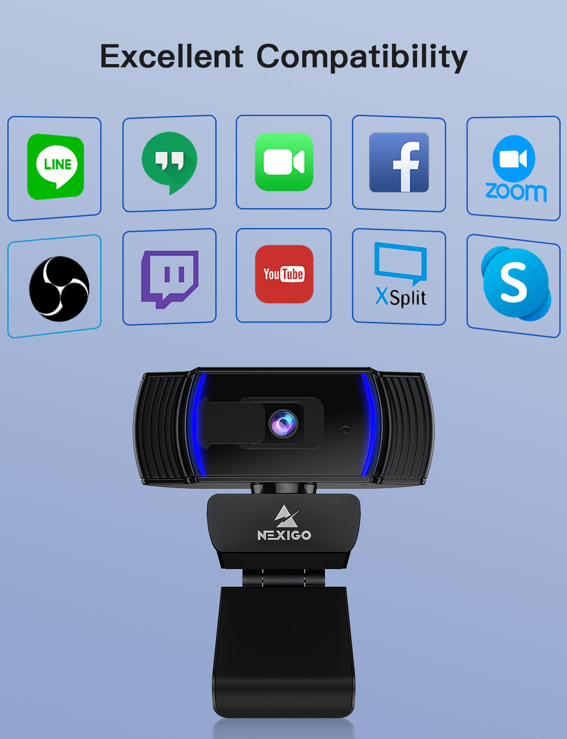 Webcam compatible with popular video software like Skype, Zoom, Facetime, and more.