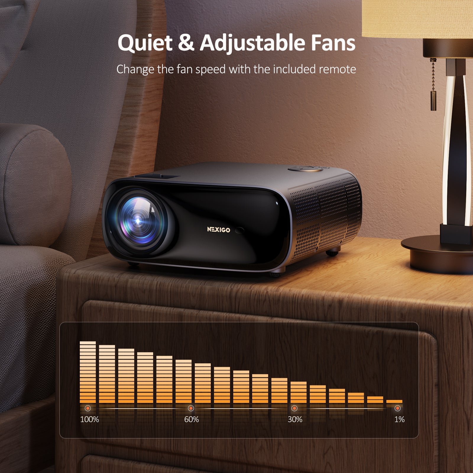 Bedside projector with quiet fan and adjustable speed via remote control for noise reduction.