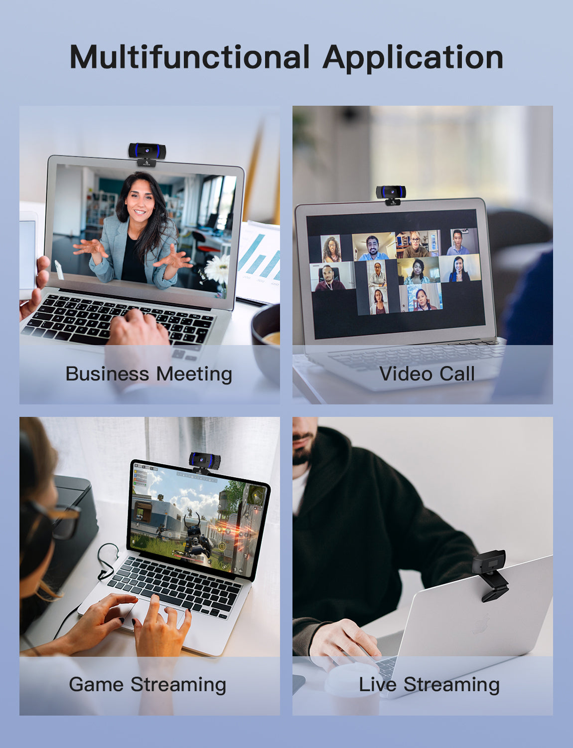 Webcam connects to the laptop for Business Meetings, Games, Video Calls, and Live Streaming.