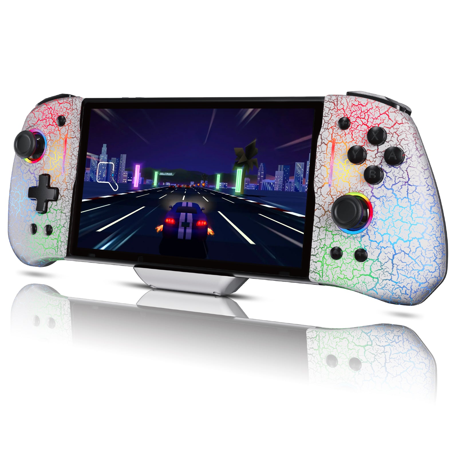 The image exhibits the white cracked skin and RGB lighting effects of the Bluetooth controller