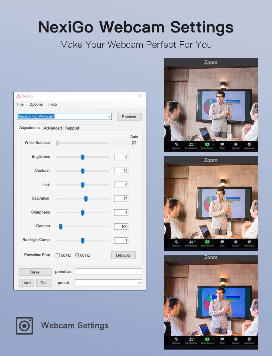 Adjust webcam settings through NexiGo Webcam Settings for optimal parameters.