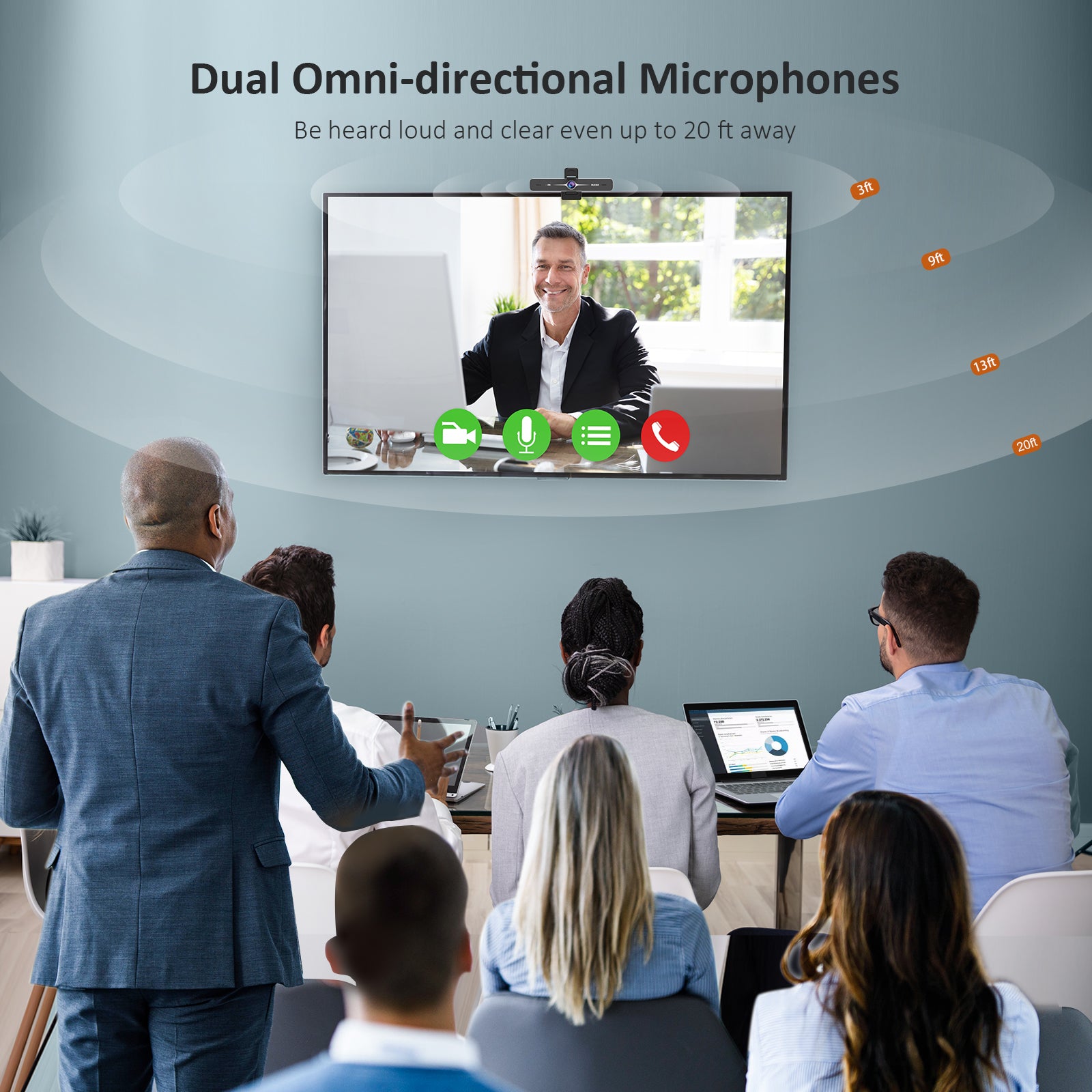 Webcam with Dual Omnidirectional Microphones, captures audio up to 20ft away.