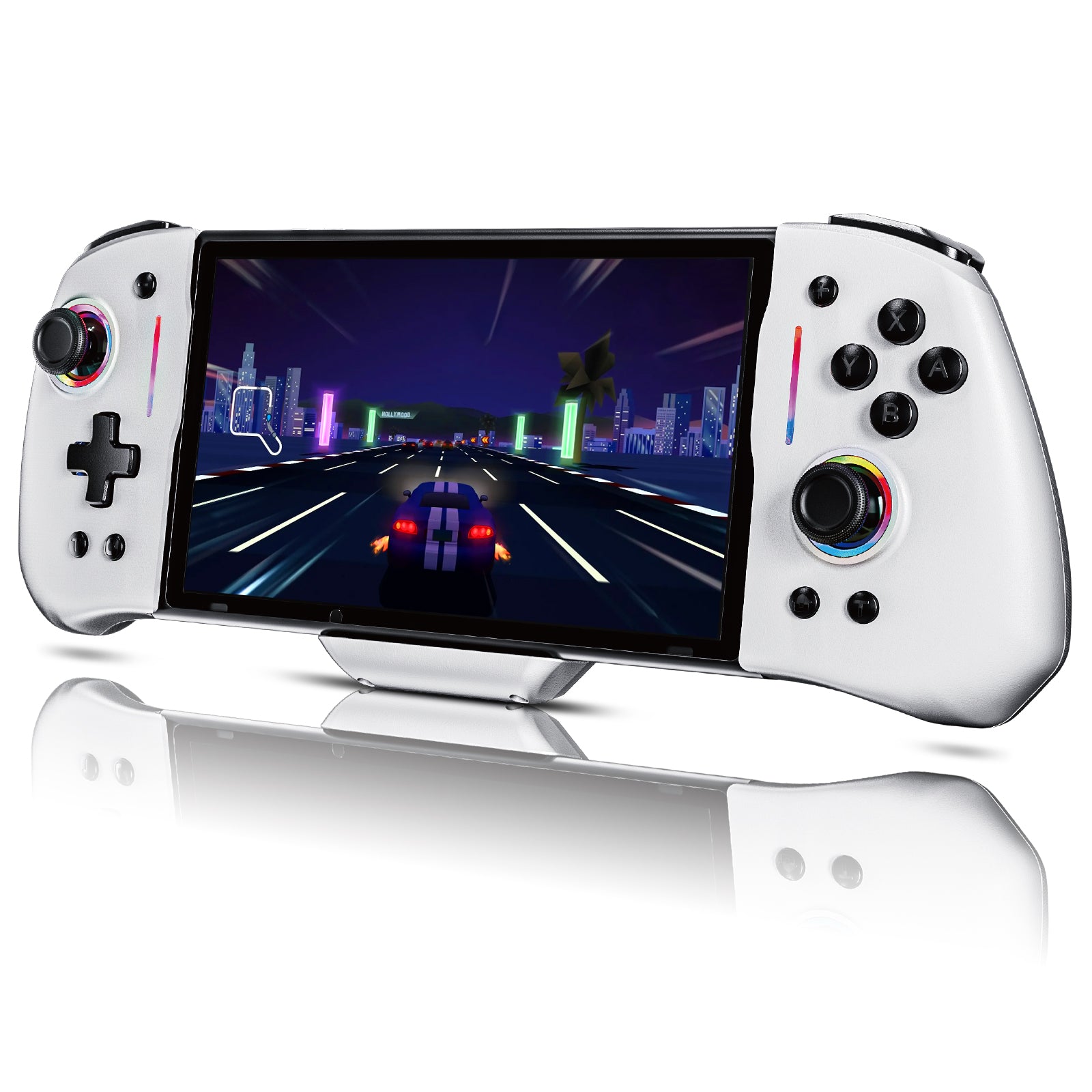 The image showcases the white skin and RGB lighting effects of the Bluetooth controller