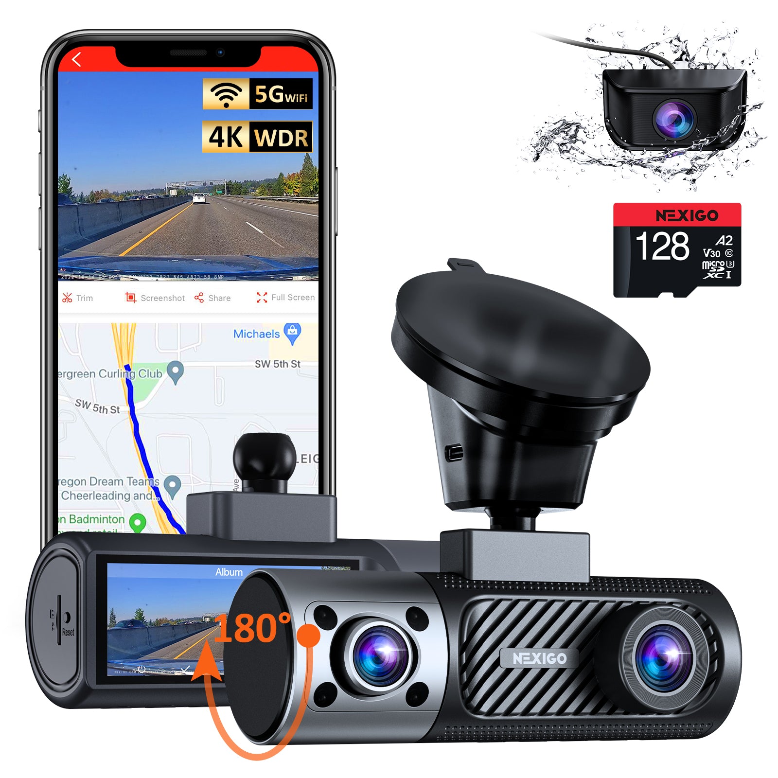 Waterproof Dash Cam with 180° Rotatable Camera, WiFi