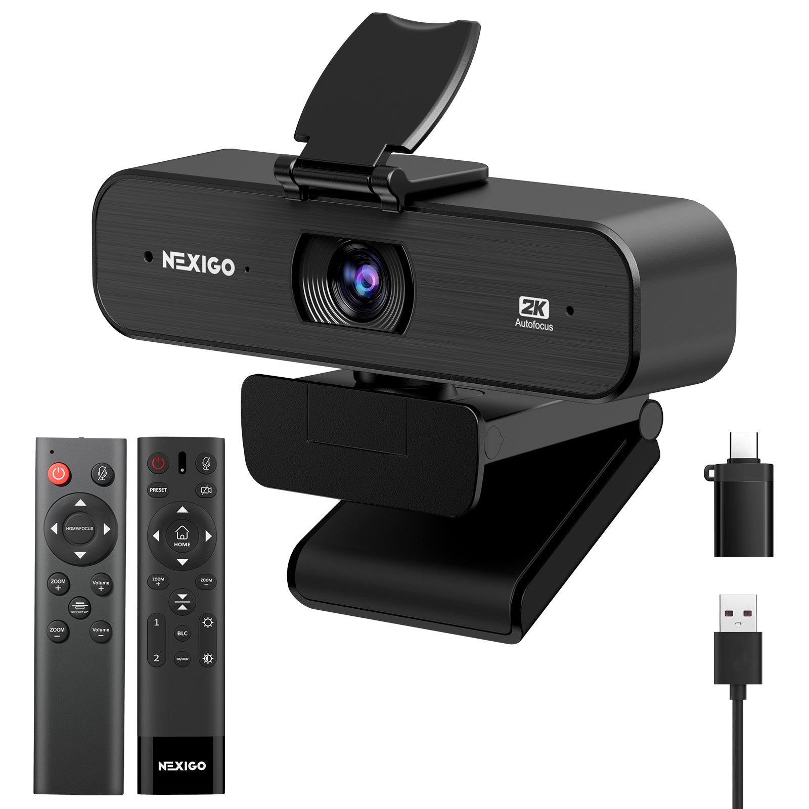 The black NexiGo N940P can be operated with a remote control and comes with a C to A adapter.