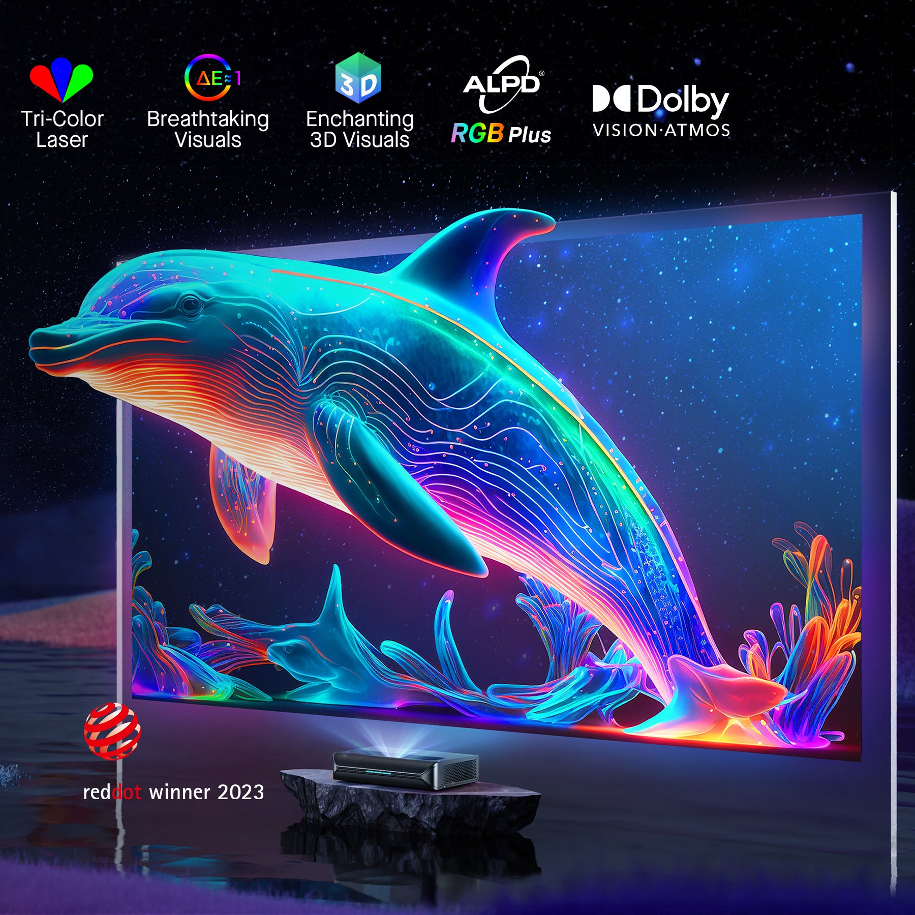 Aurora Pro projects lifelike dolphins on the screen against a dreamy backdrop.