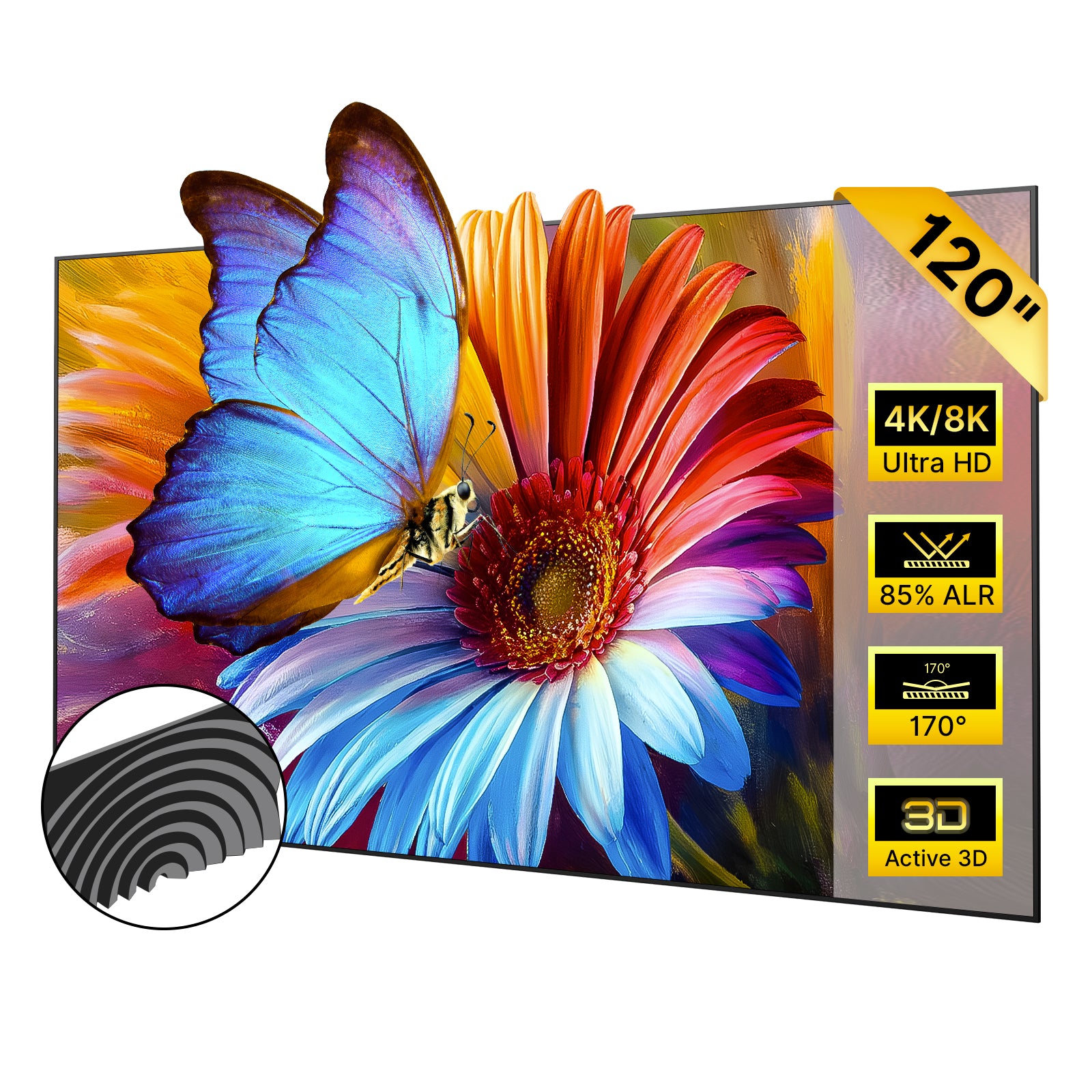 A vivid butterfly rests on a bright flower via the Fresnel screen.