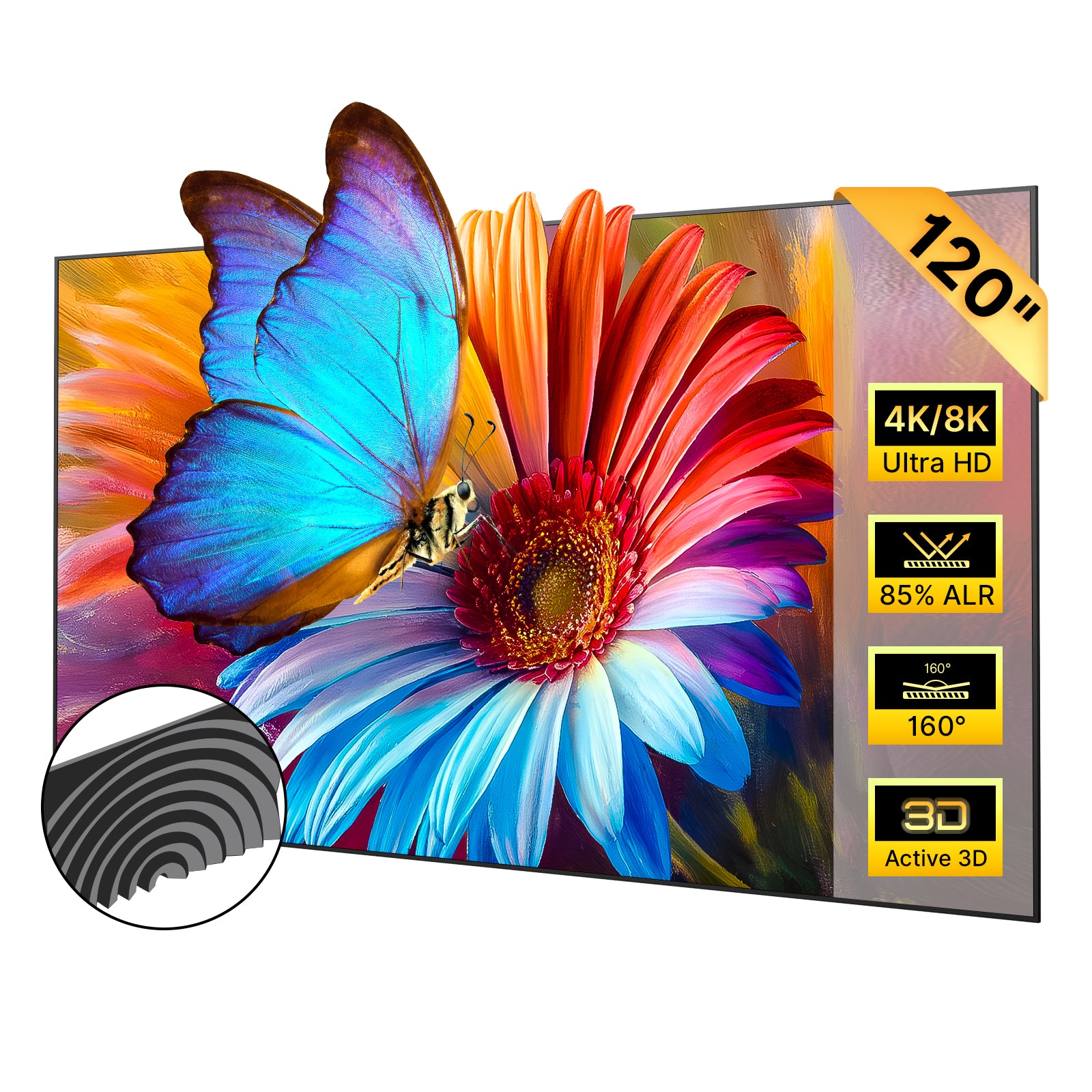 A vivid butterfly rests on a bright flower via the Fresnel screen.
