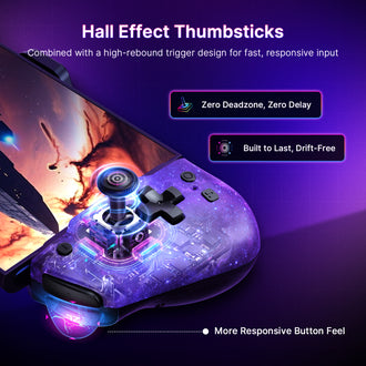 The joystick is shown in an exploded view, revealing the magnets inside the Hall-effect thumbstick.