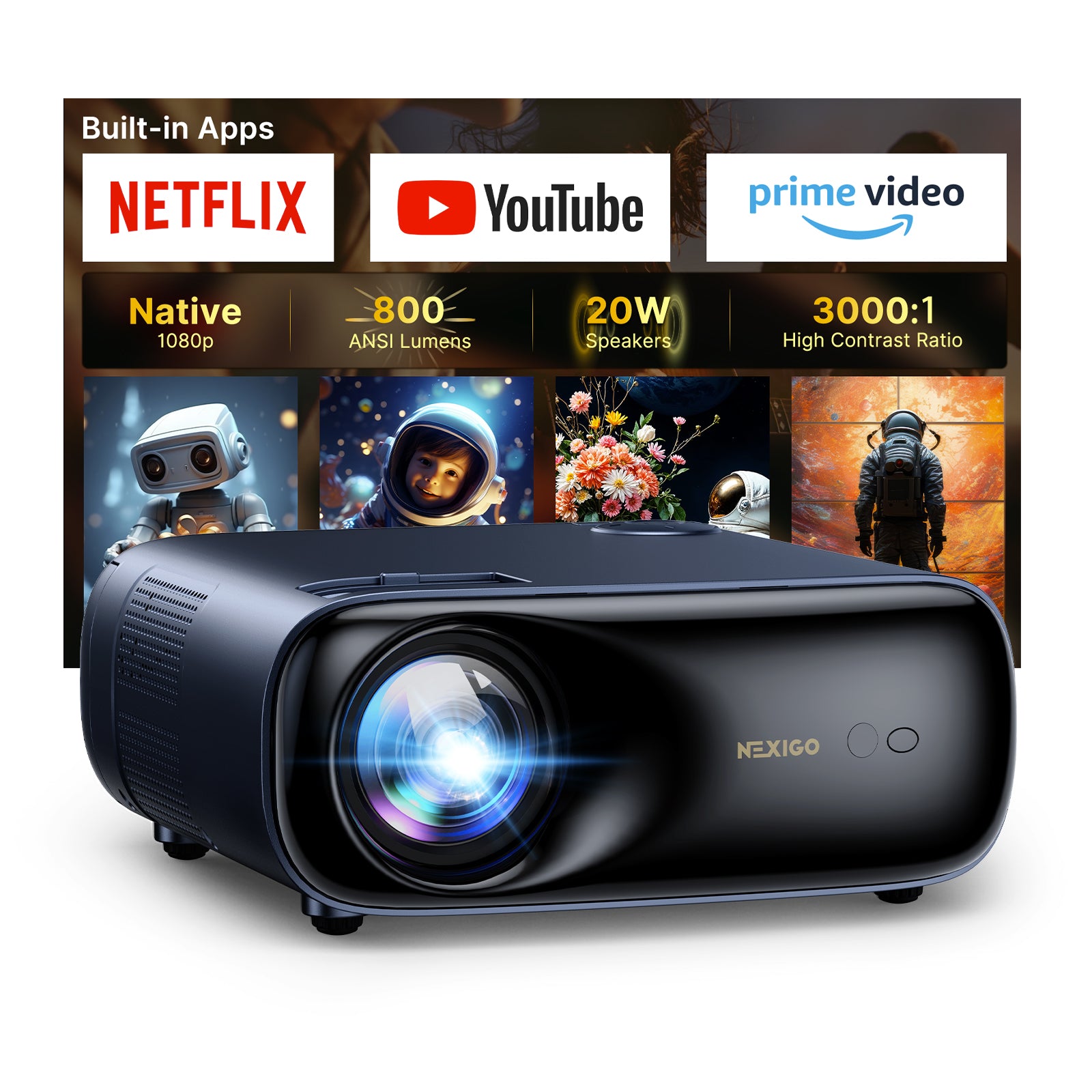NexiGo PJ40 Ultra Outdoor Netflix Projector with Officially Licensed Netflix/YouTube/Prime Video.