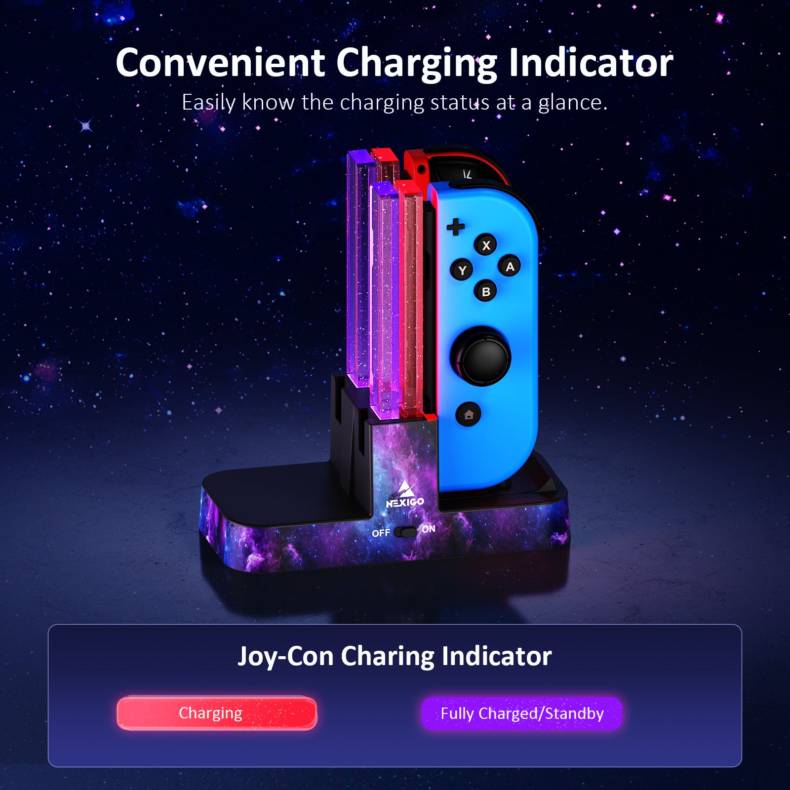 NexiGo Charging Dock: Red light for charging, purple for standby and fully charged.