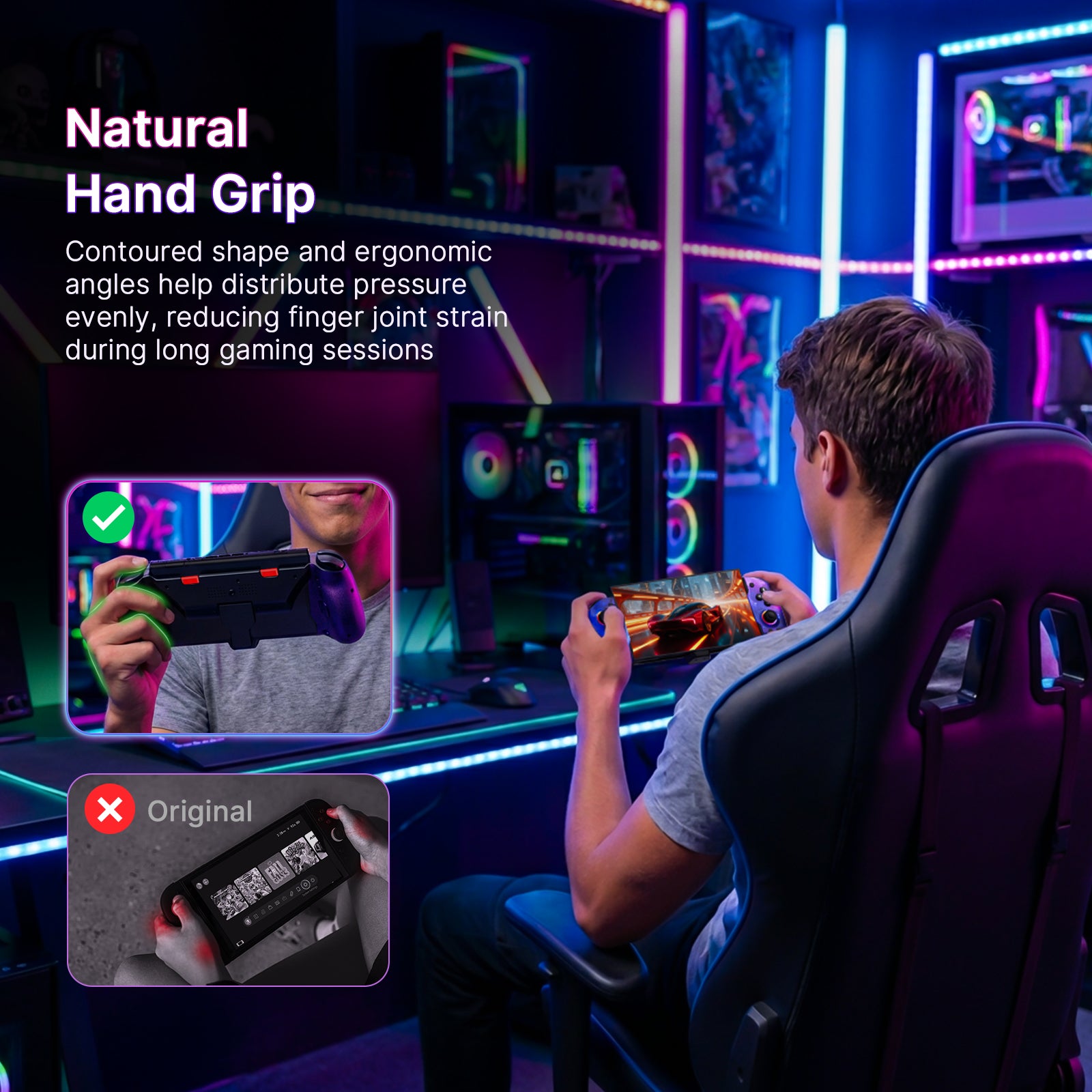 A person sitting on a chair playing Switch 2 games with the Gripcon.