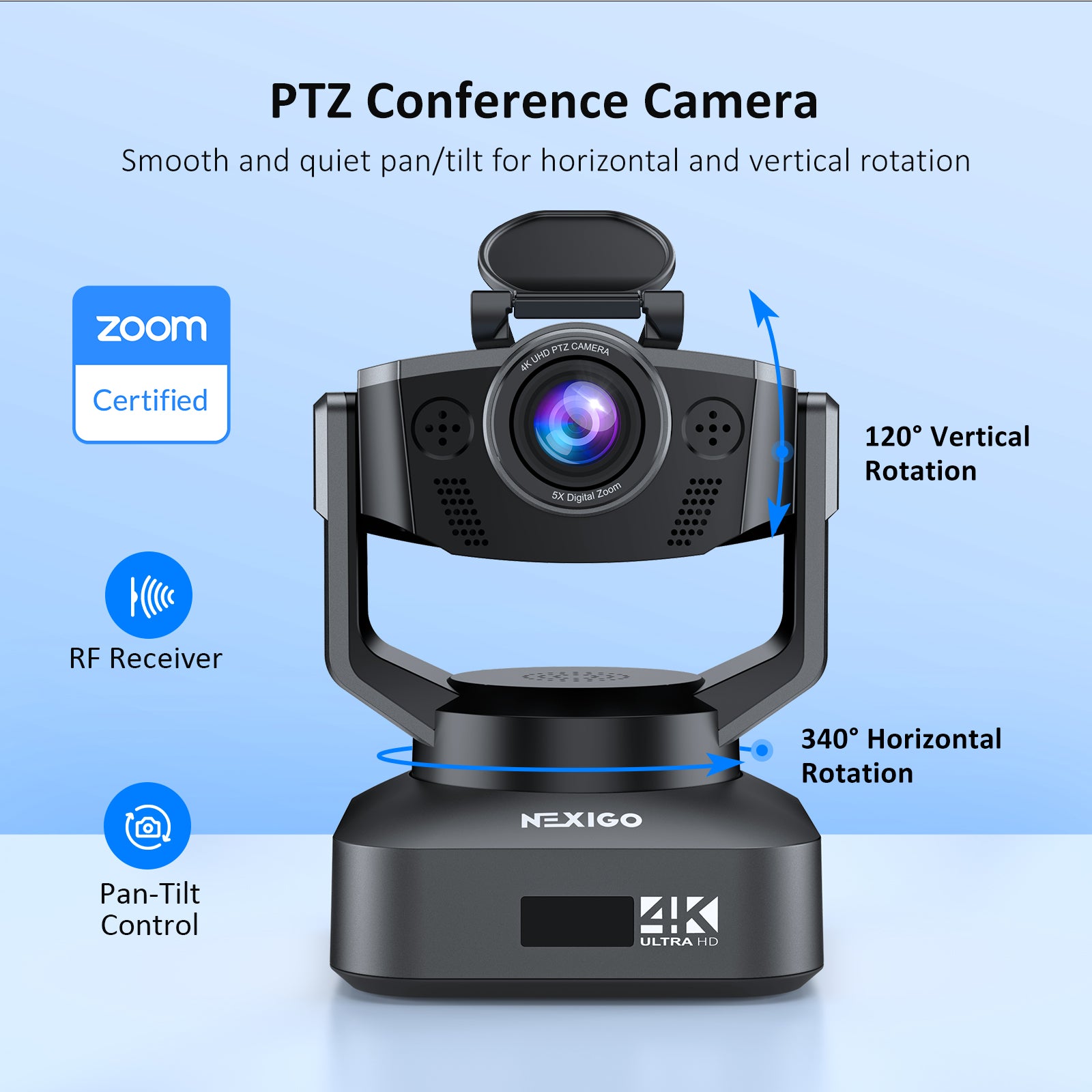 PTZ Conference Camera: 340° horizontal rotation, 115° vertical rotation with IR sensor.