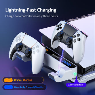 Scene of two DualSense Controllers charging on a charging dock