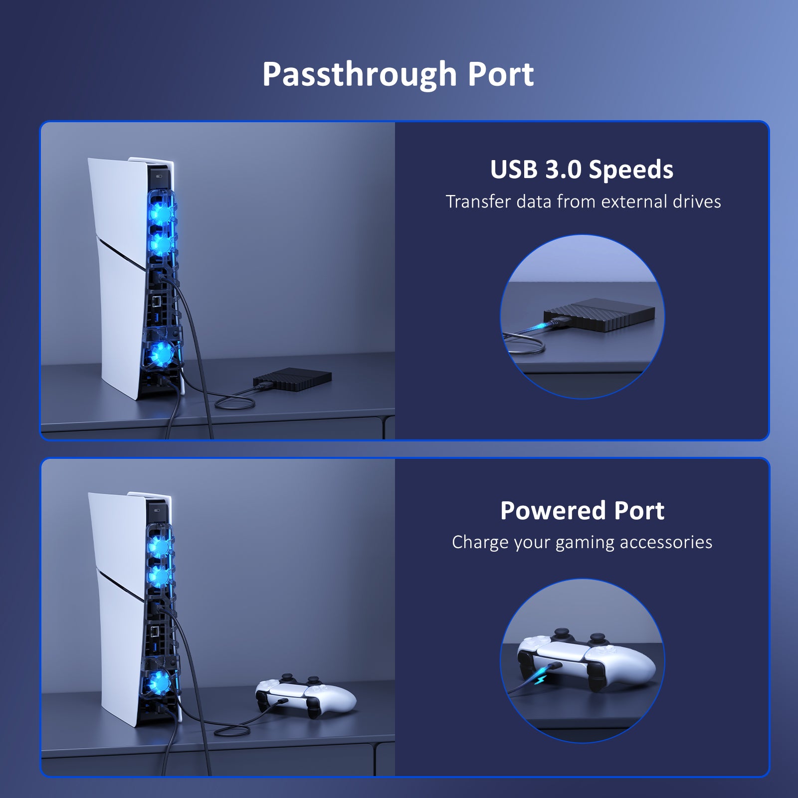 The USB 3.0 interface of the cooling fan supports both data transfer and charging.