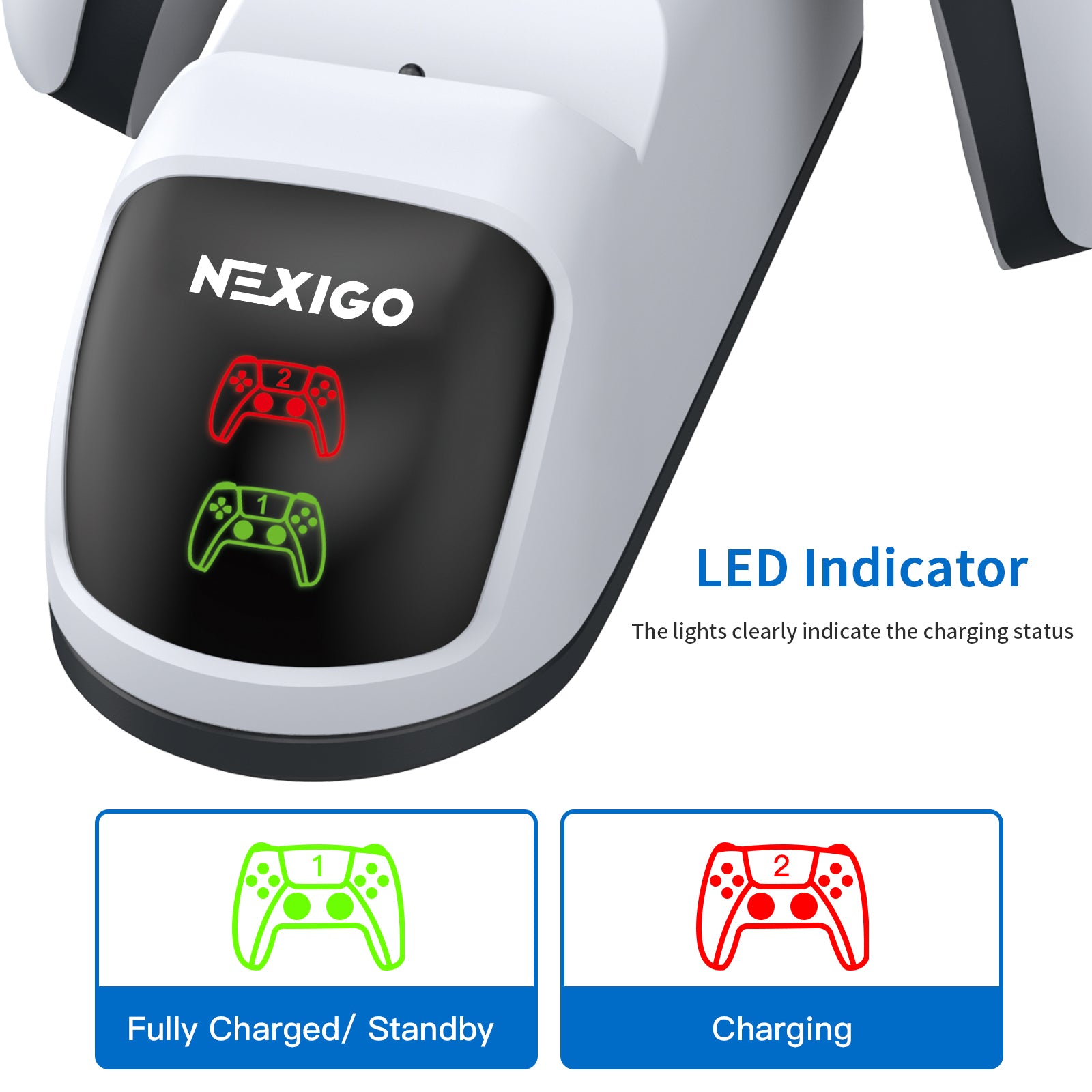 Clear LED indicators for charging status: Red for charging, green for fully charged.