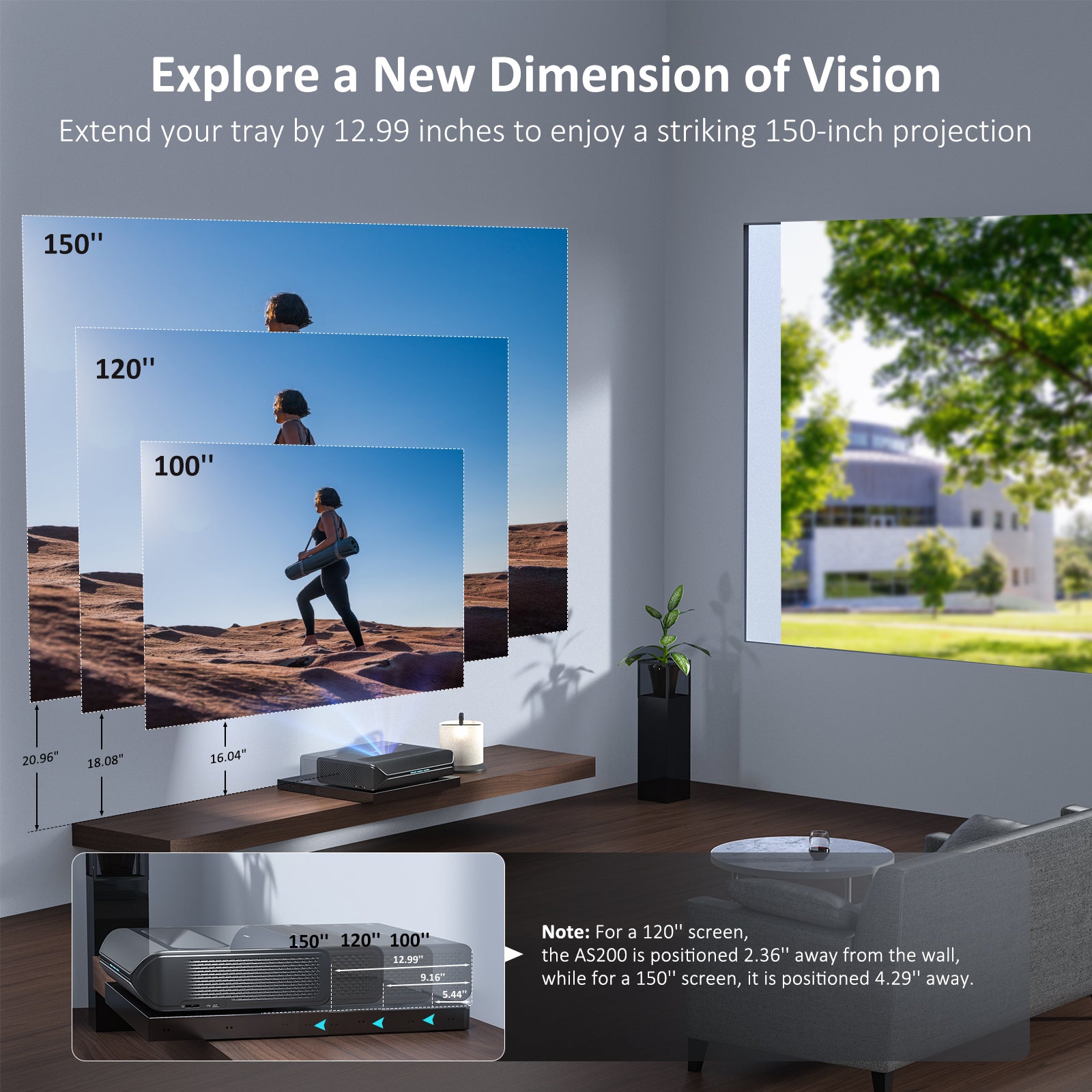 The AS200 sliding tray can extend forward, allowing the projector to achieve a 150'' display.