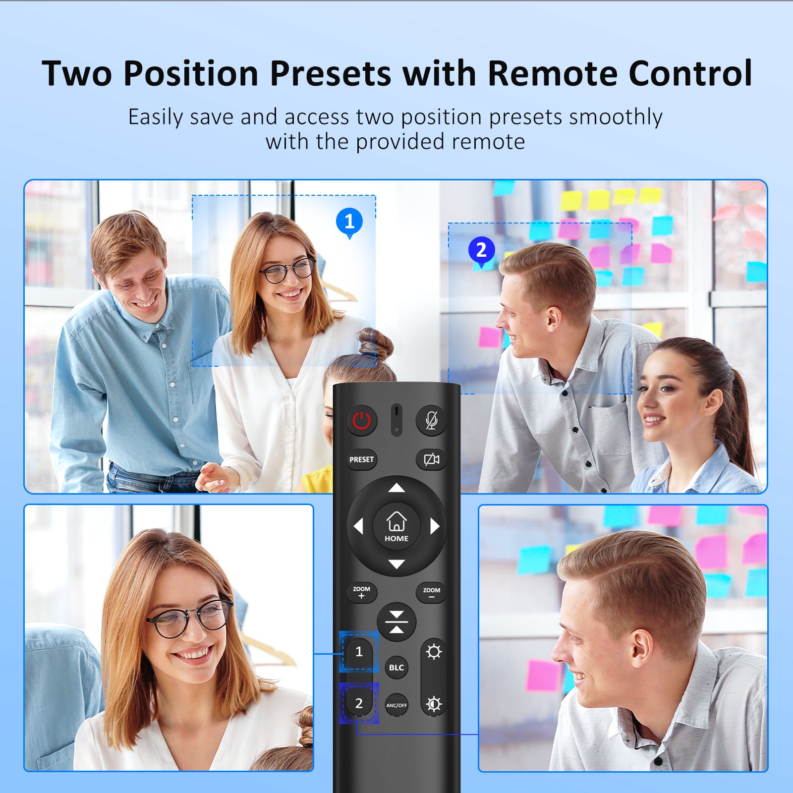 Webcam remote control with 2 presets, saves your personalized camera angles.