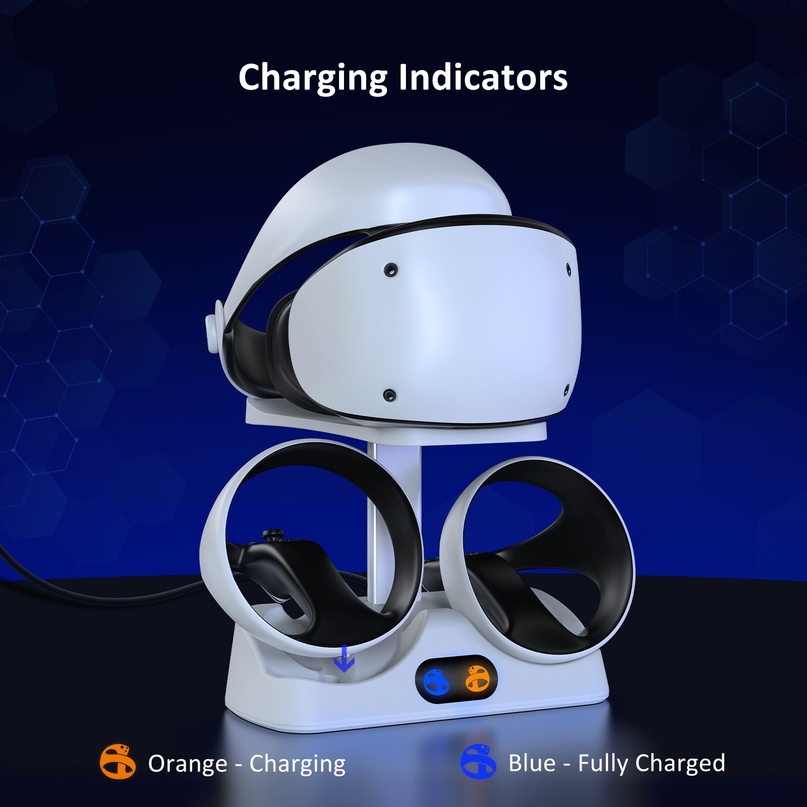 LED Charging Station: Orange light indicates charging, blue light indicates charged/standby