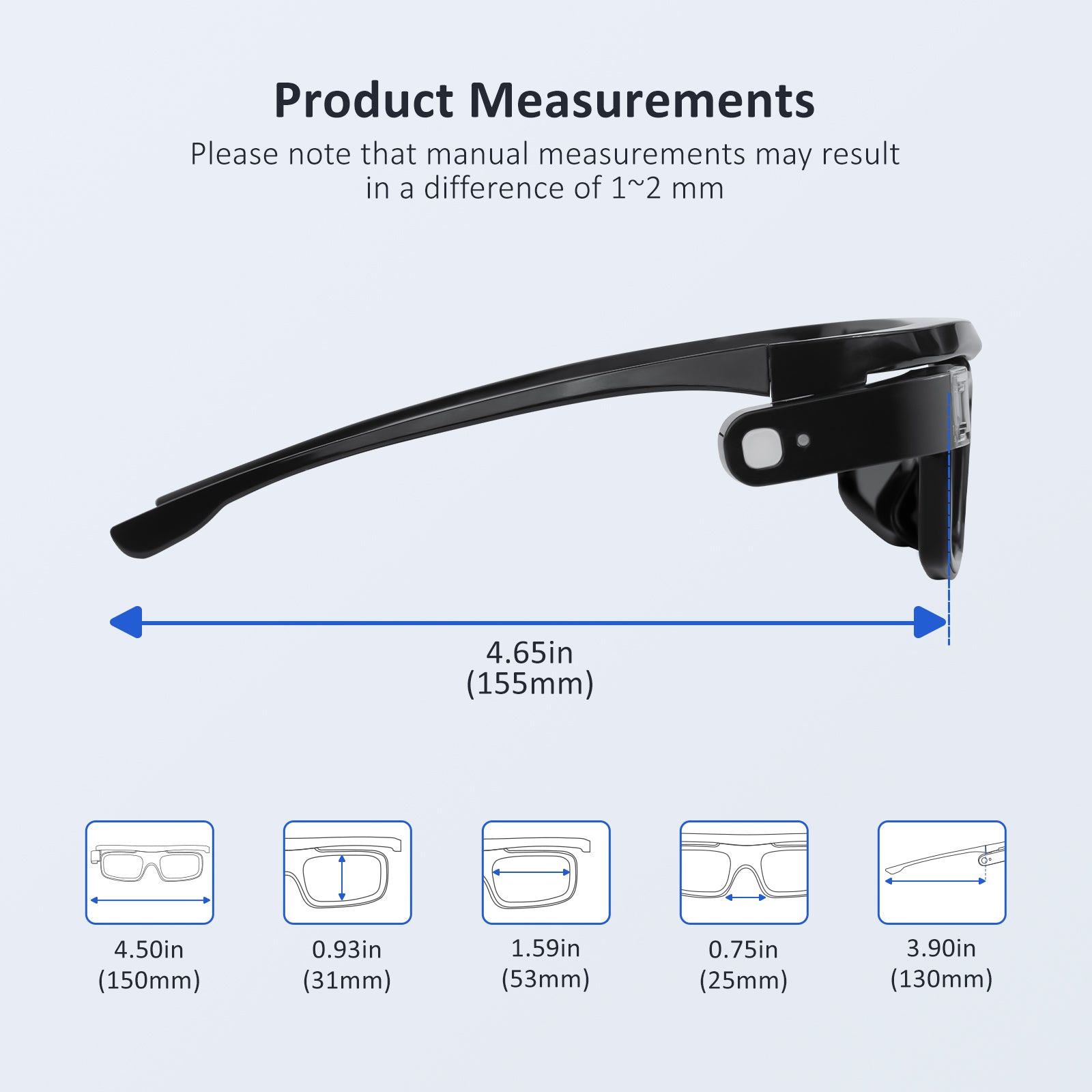 Introduction to the dimensions of various components of these 3D glasses.