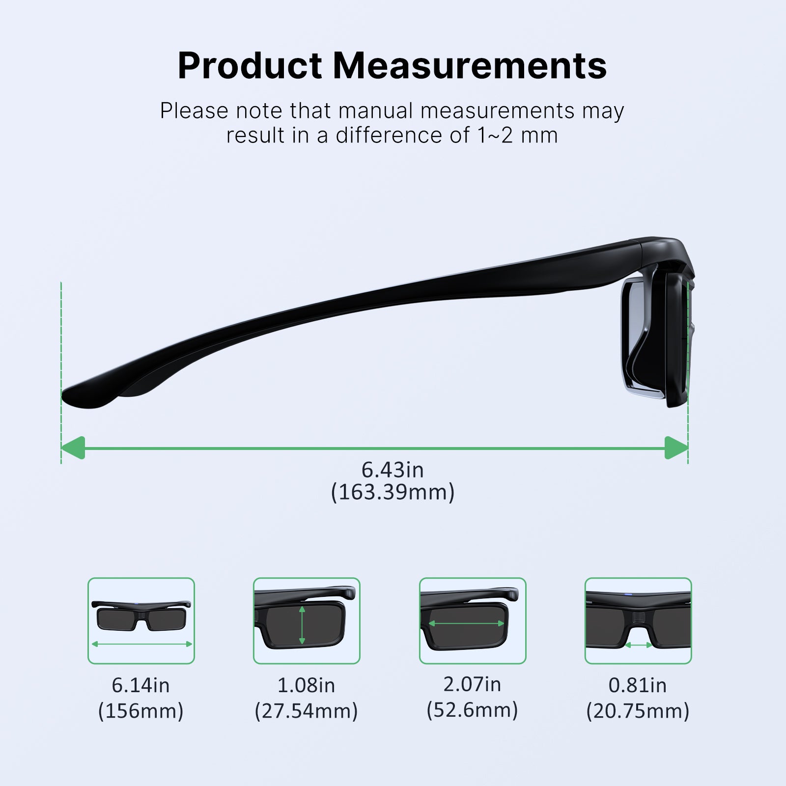 Detailed measurement of the width of each 3D glasses structure.