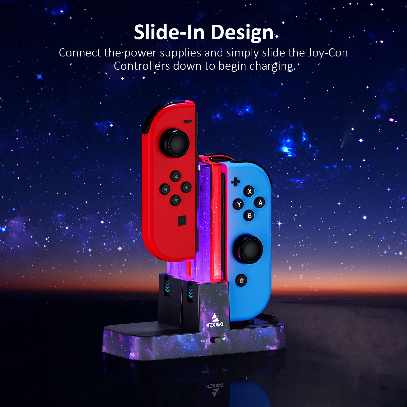 The Joy-Cons can be charged by sliding them into the charging dock.