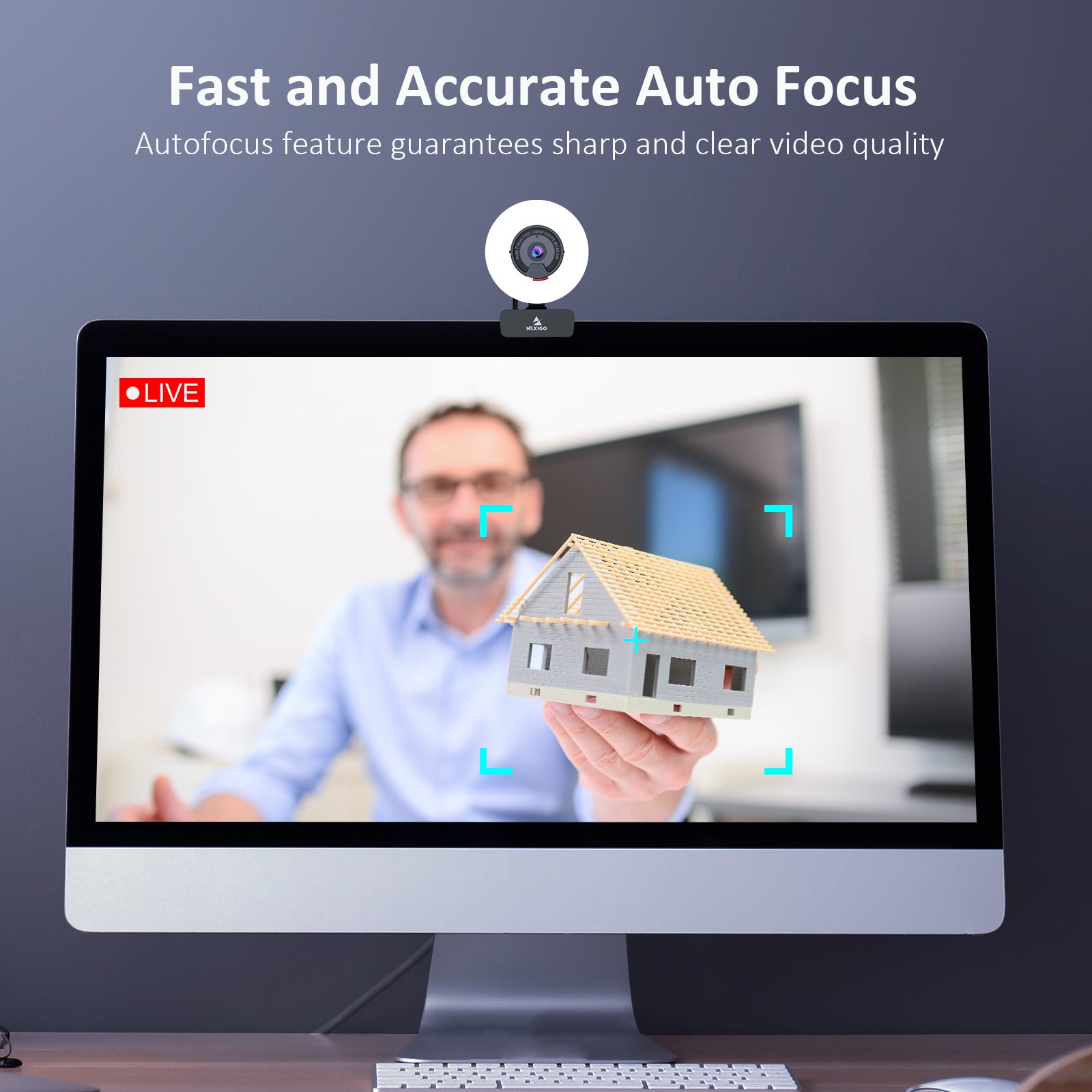 The webcam features autofocus, allowing quick automatic focusing on objects or people in the video