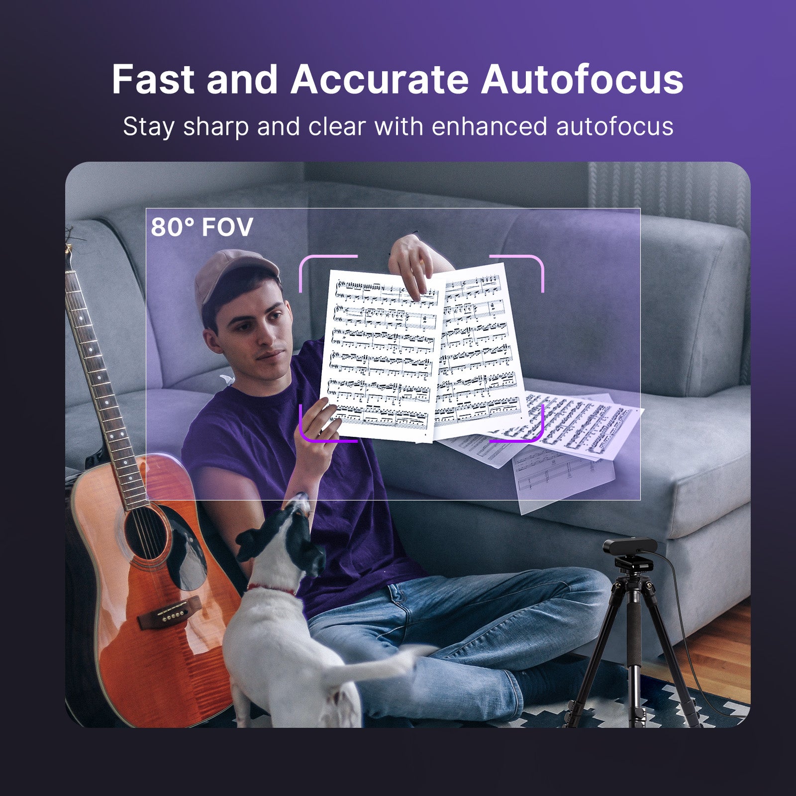 This webcam quickly focuses on the sheet music held by an online teaching instructor.
