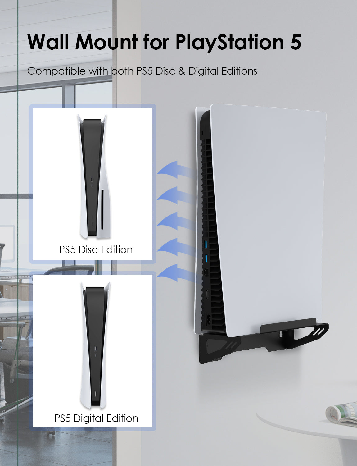 Wall mount compatible with PS5 disc and digital editions, featuring built-in cooling function.