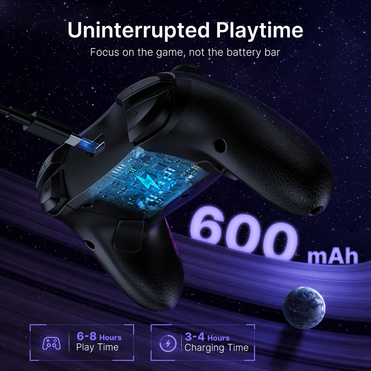 Rear view of Bluetooth controller with charging cable inserting.