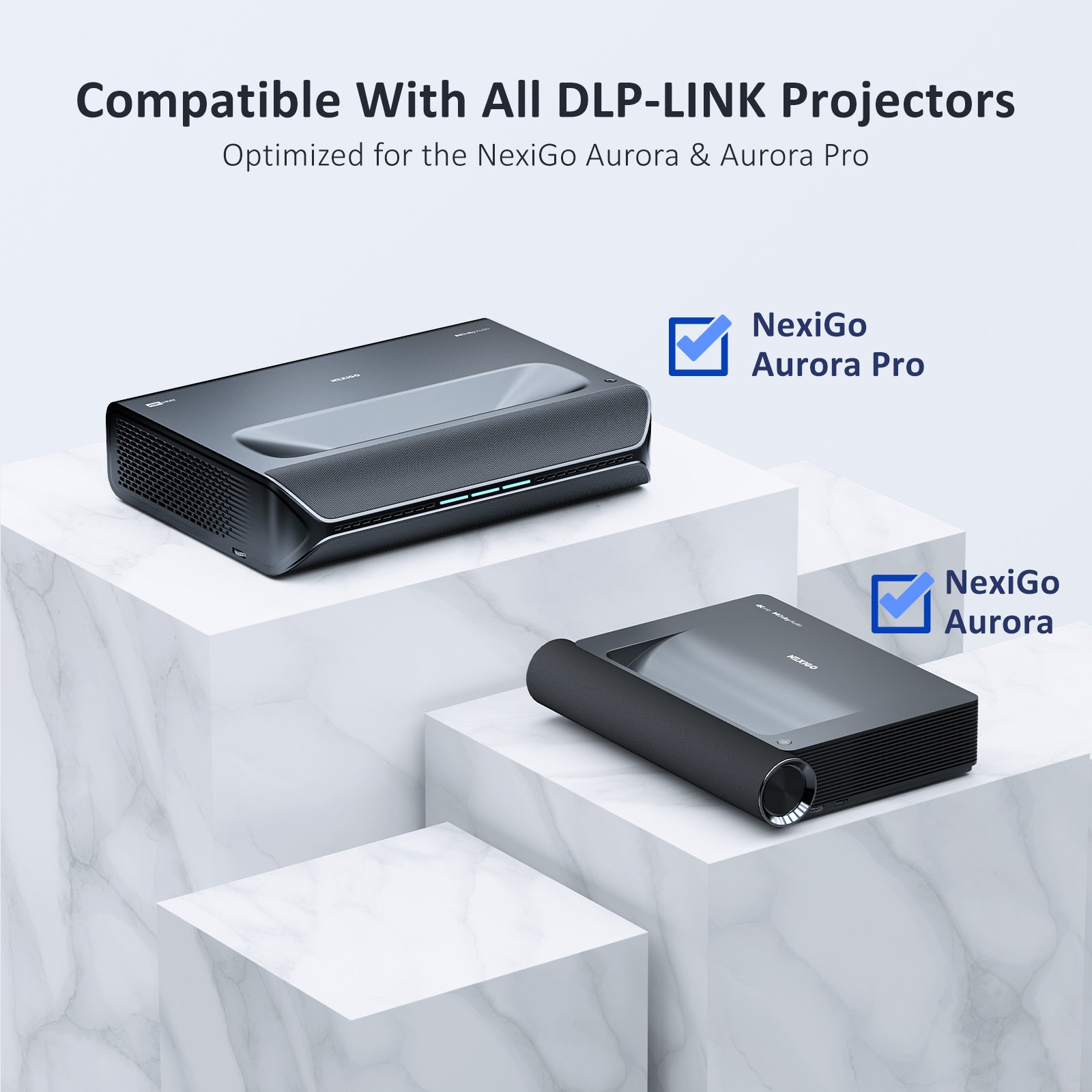 NexiGO Aurora Pro and Aurora projectors are placed on the display stand