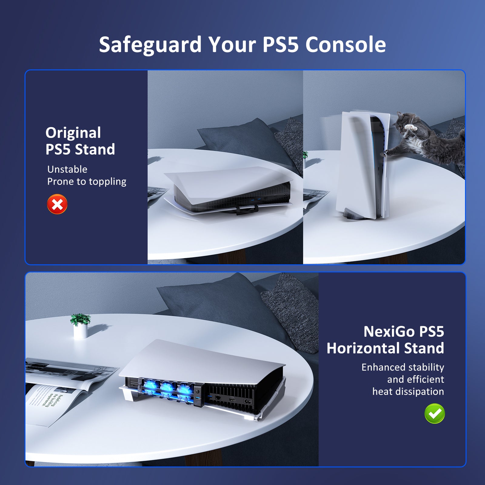 PS5 horizontal stand keeps console stable horizontally, safeguarding against cat mishaps. 