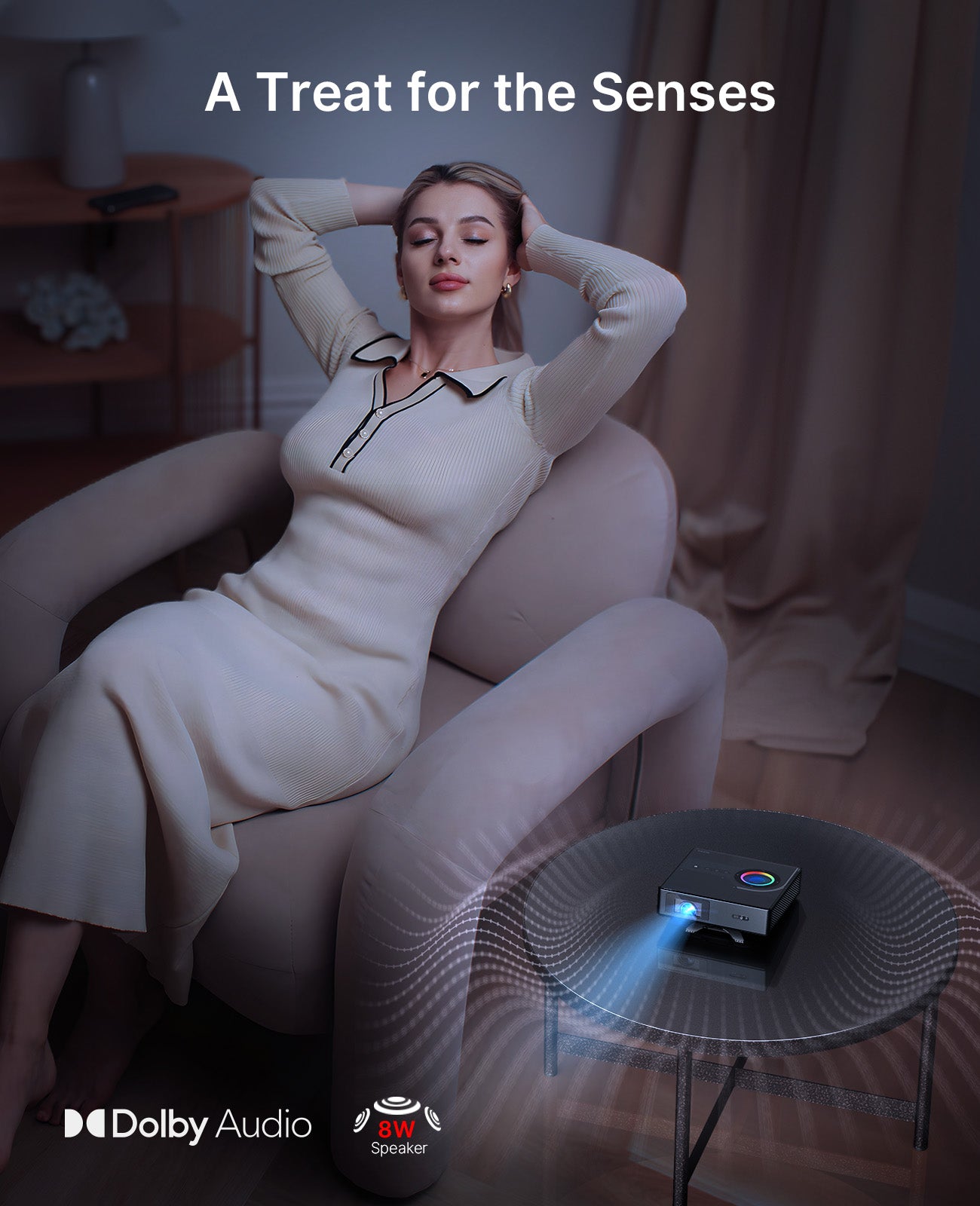 Woman relaxing to immersive Nova Mini sound