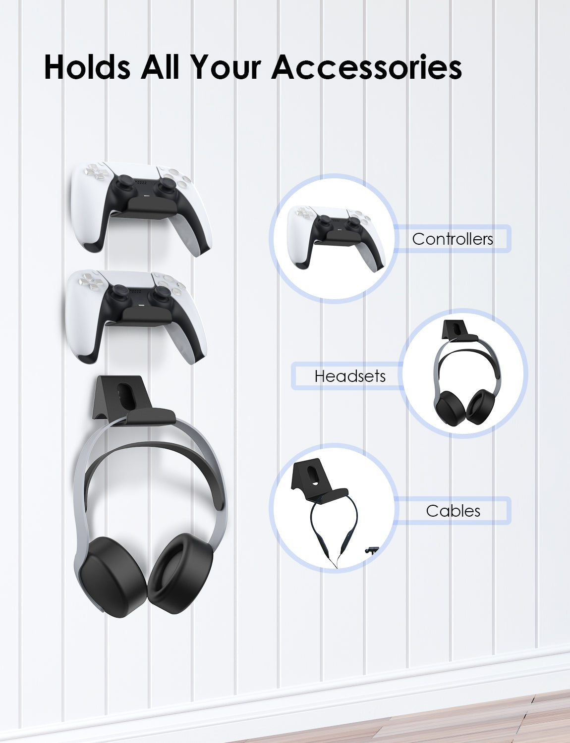 This wall mount supports free hanging of PS5 controllers and headphones.