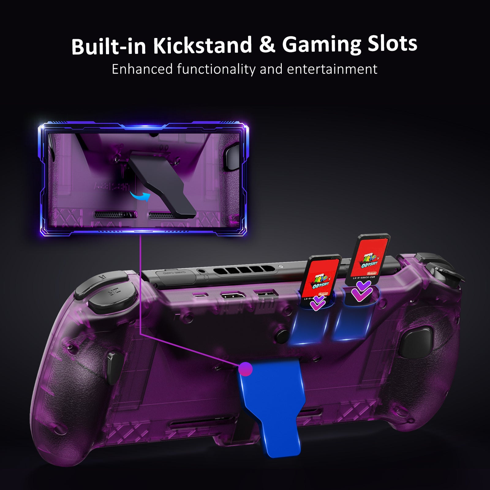The controller includes a kickstand and a game card slot.