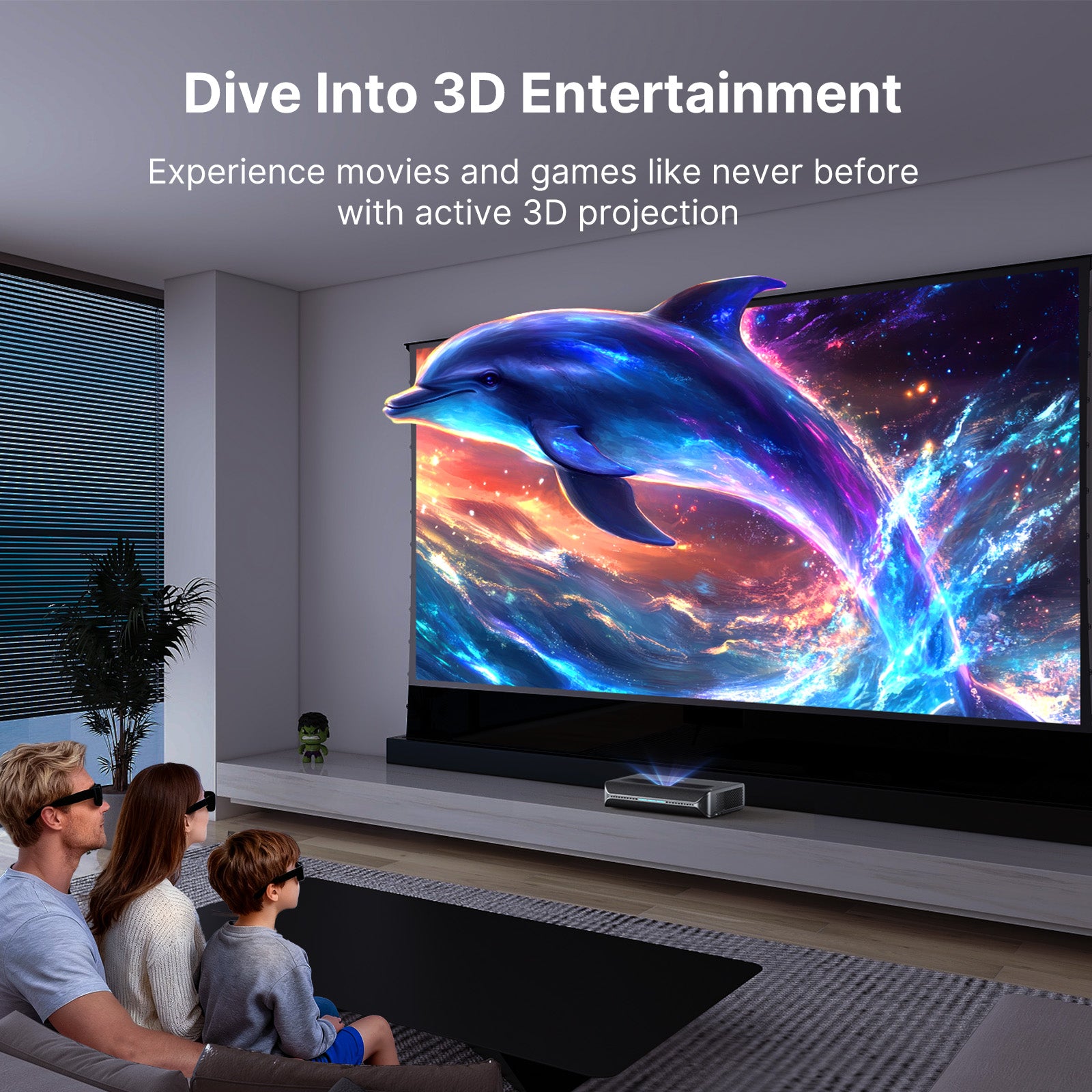 A family is sitting in the living room watching a 3D movie.